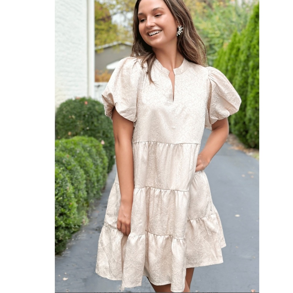 THML Champagne Damask Tiered Puff Sleeve Dress Pockets HOCO Wedding Guest S - Picture 2 of 16